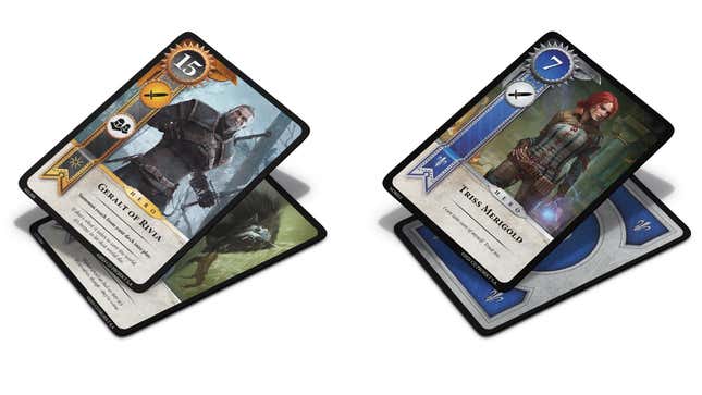 Renders of the physical Gwent cards are displayed. 