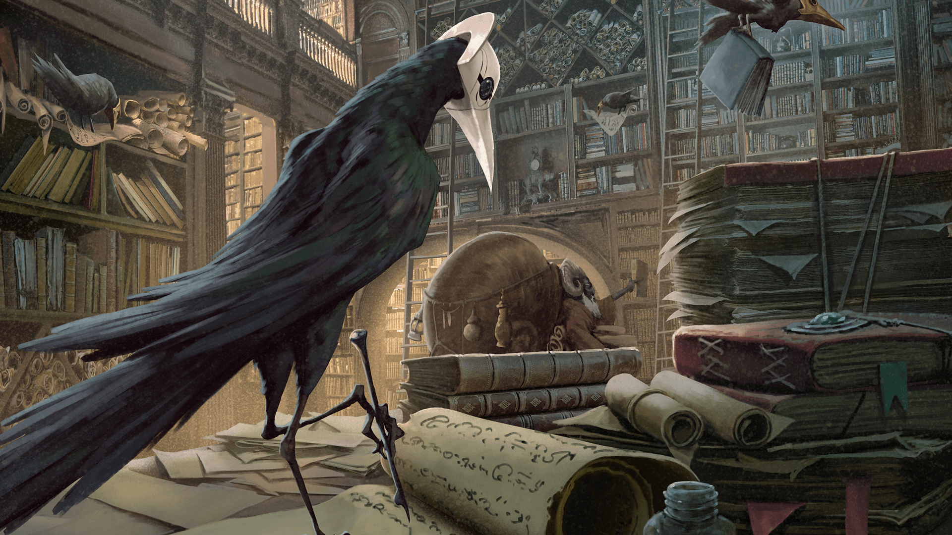 A black bird wearing a white helmet writes on a scroll of parchment in a library