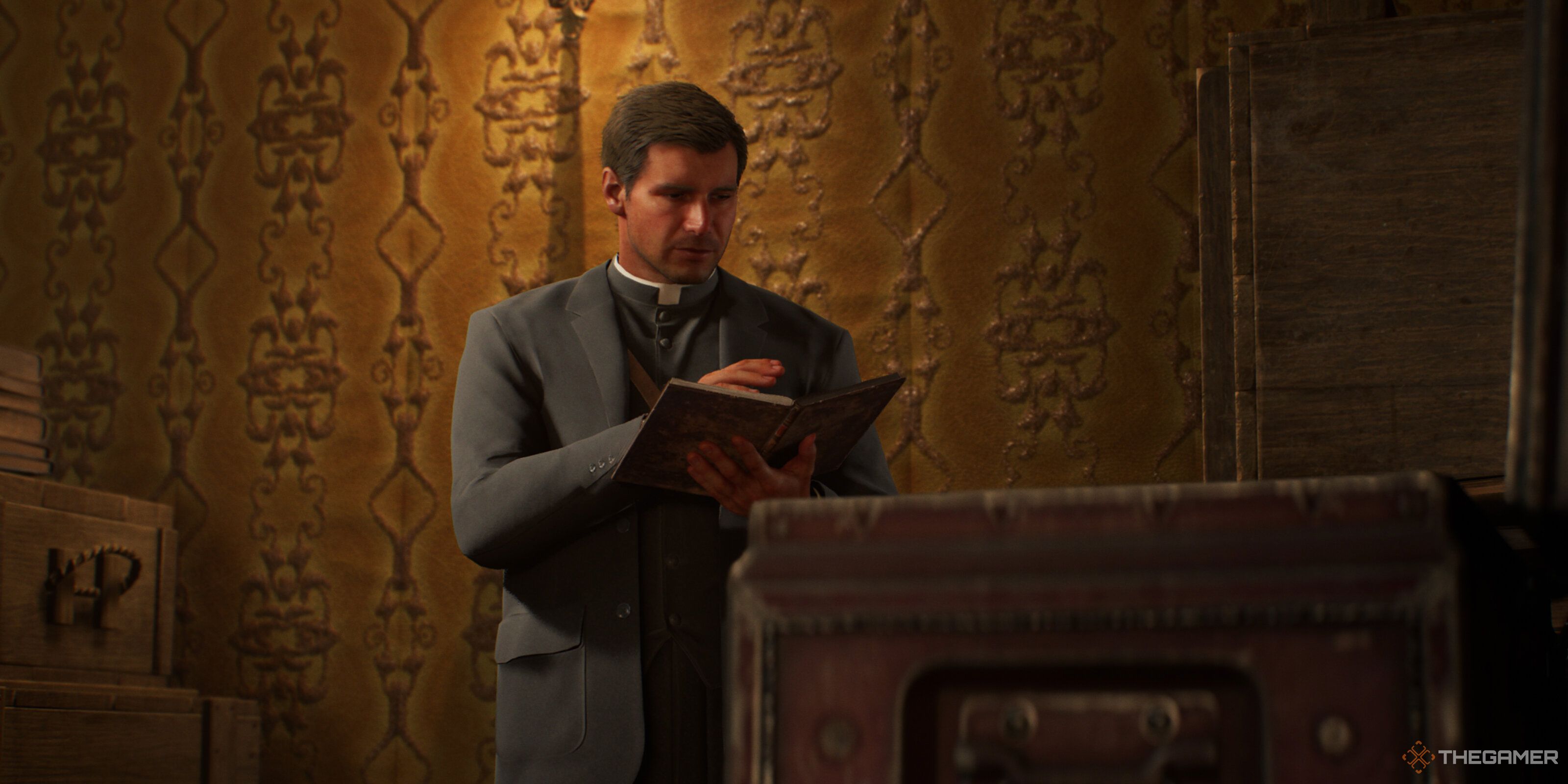 Indy with a book in a church in Indiana Jones And The Great Circle.