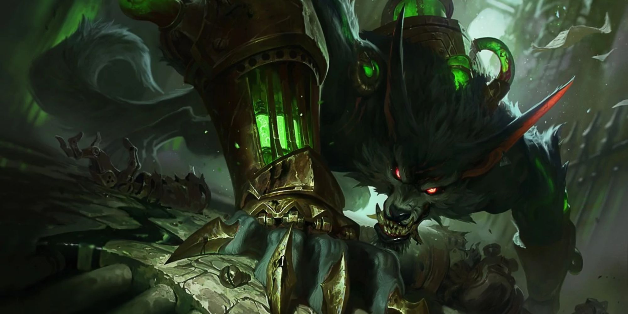 Warwick goes on the hunt in Zaun in his League of Legends splash art.