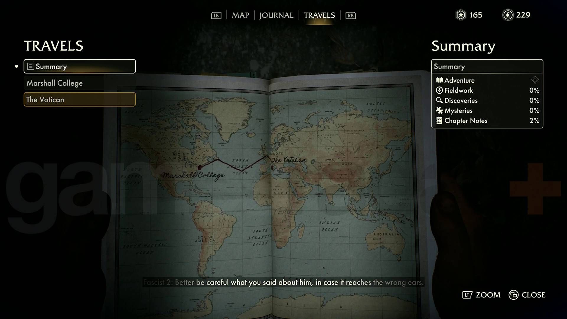 Indiana Jones and the Great Circle travels tab of journal with world map marked with Marshall College and the Vatican