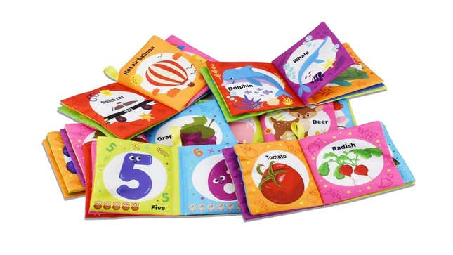 A pile of pre-school squishy books about numbers, letters and colors.