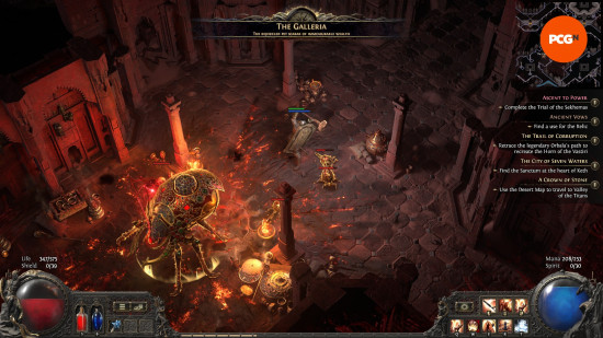 Path of Exile 2 early access impressions - A Warrior brings a two-handed hammer down on a giant, ornate beetle.