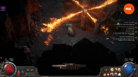 Path of Exile 2 early access impressions - A Warrior completes the Trial of the Sekhemas, dodging between rotating jets of flame.