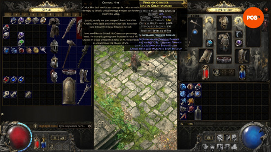 Path of Exile 2 early access impressions - A player inspects their Leaden Greathammer, using the tooltips to learn about Critical Hits.