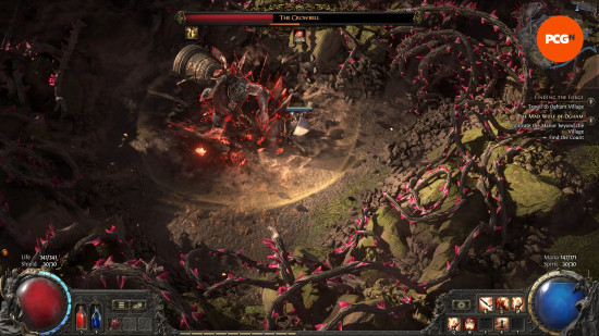 Path of Exile 2 early access impressions - A Warrior takes on The Crowbell, a giant bird wielding a large bell.