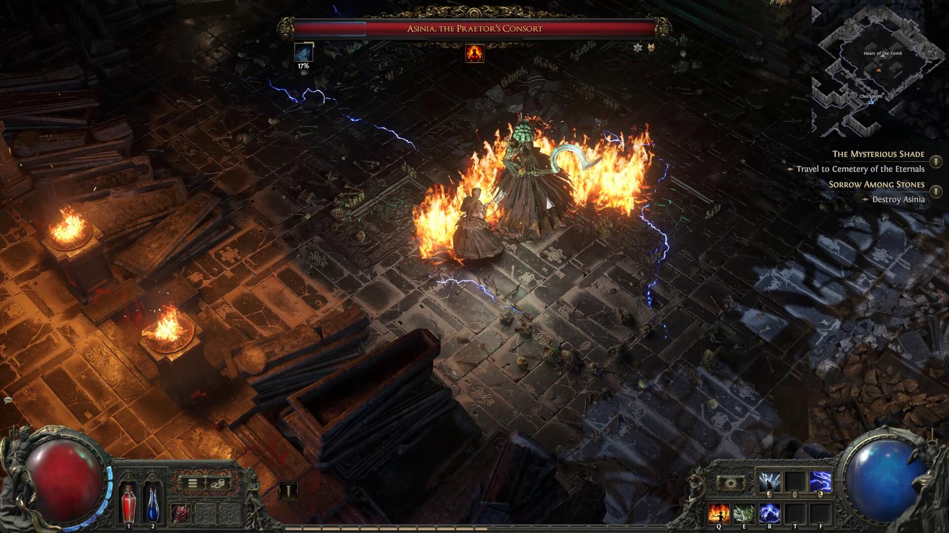 Boss fight Asinia, The Praetor's Consort is on fire as we battle in Path of Exile 2