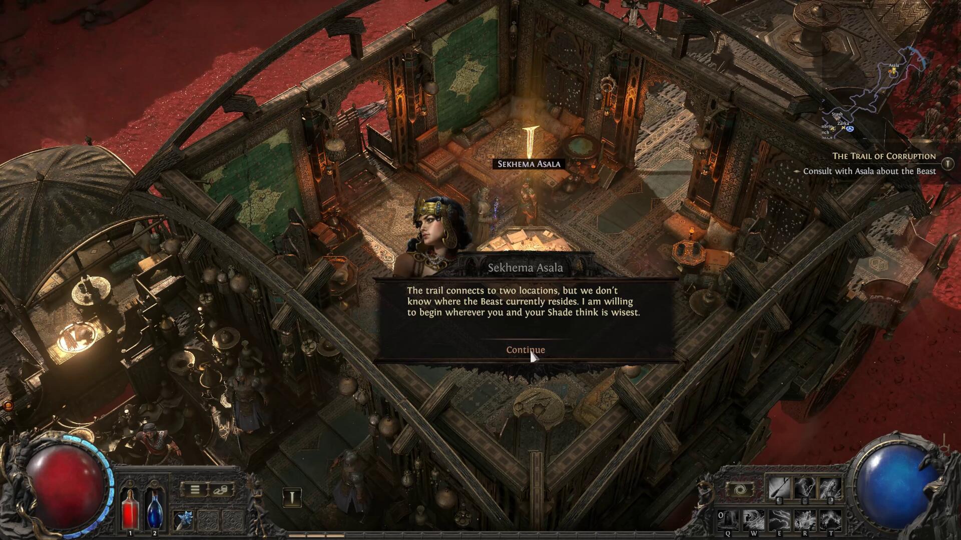 Speaking with Sekhema Asala in a building in Path of Exile 2