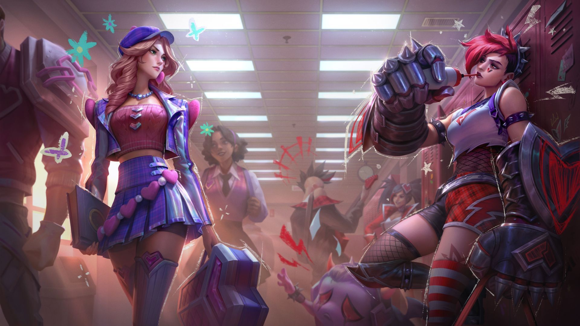 Caitlyn and Vi high school skins in League of Legends. 