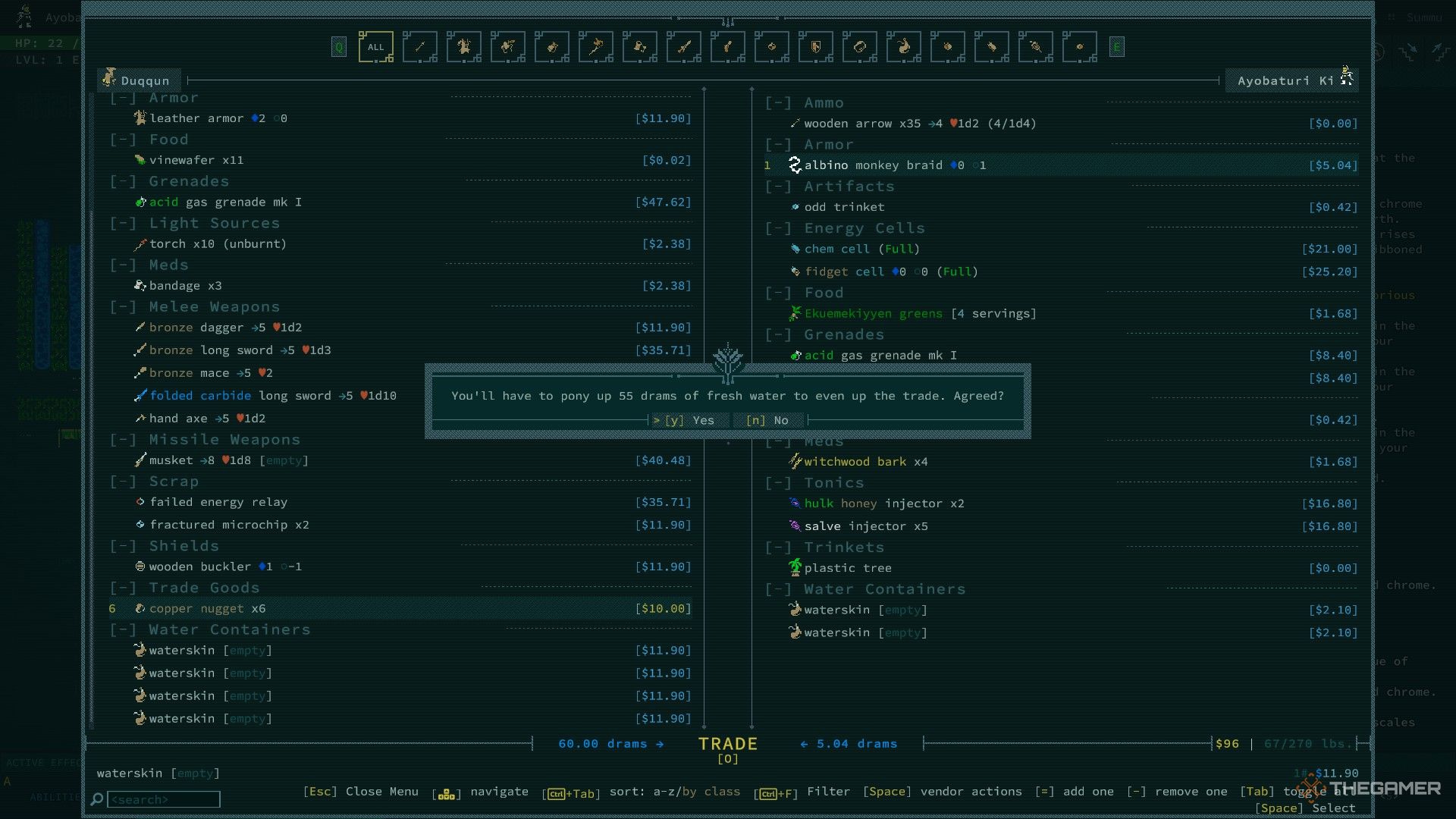 the player is asked to add fresh water to make a trade even in caves of qud.