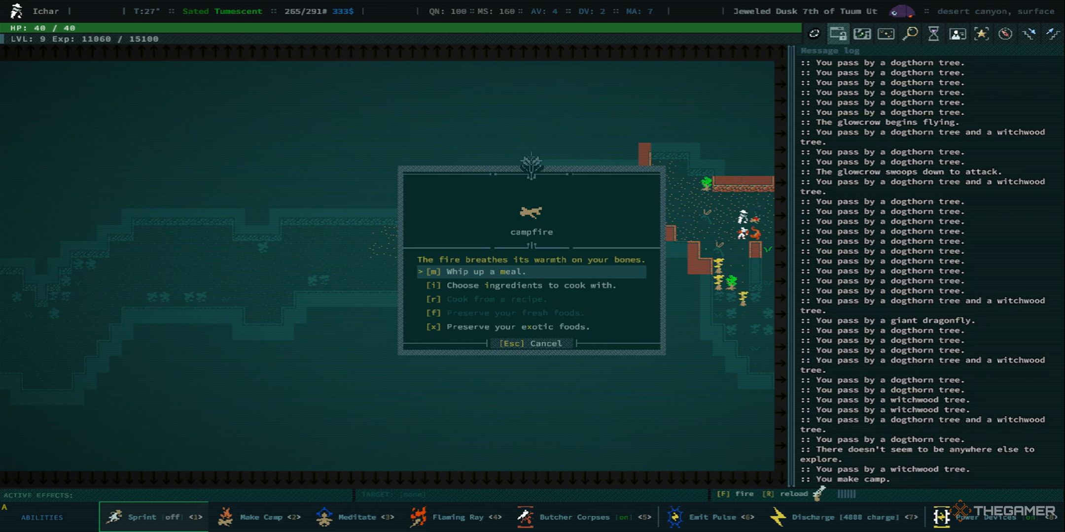 A screenshot showing the campfire menu in Caves of Qud.