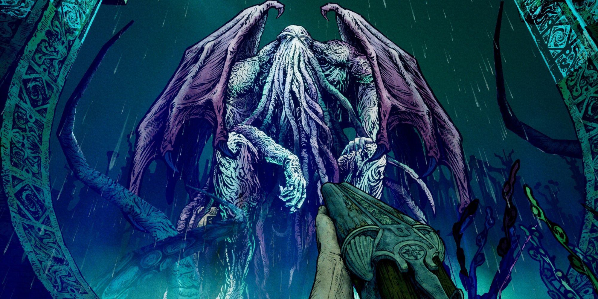 A screenshot of Forgive Me Father 2 showing a first person perspective of a man holding a shotgun and looking at Cthulhu,.