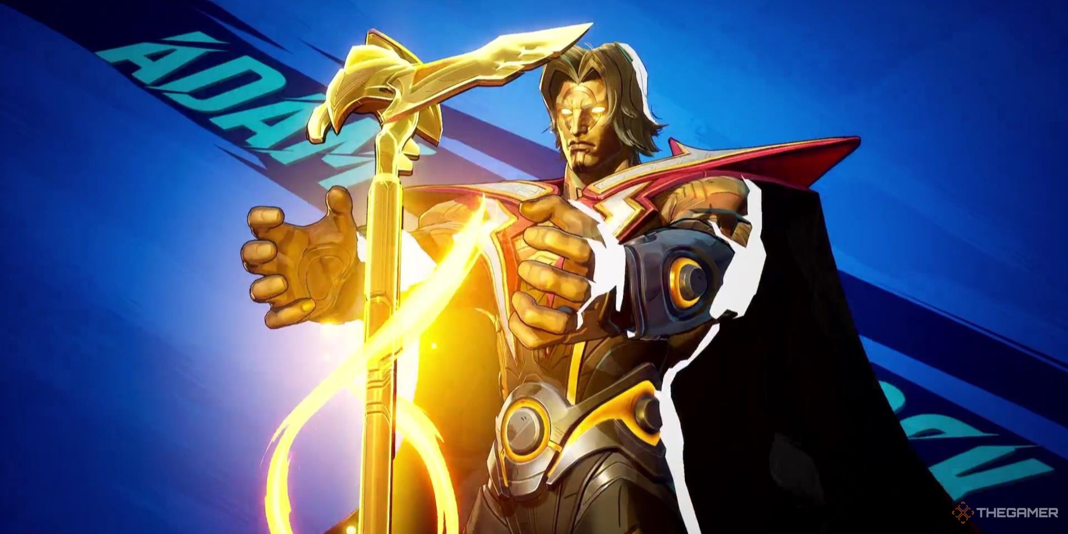 Adam Warlock stands, powering up his staff as part of his heroic entrance in Marvel Rivals.