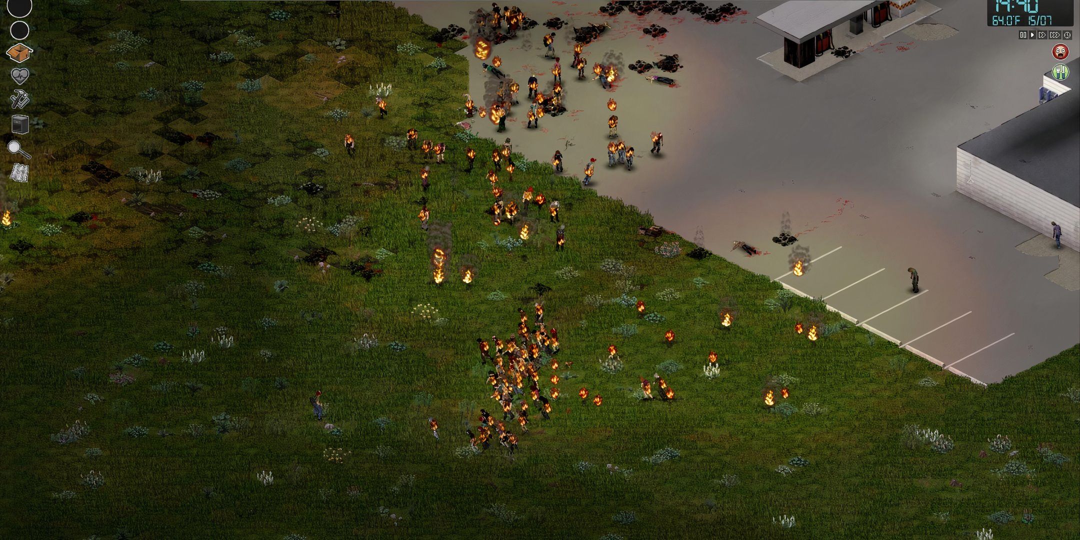 A field of flaming zombies in Project Zomboid. 