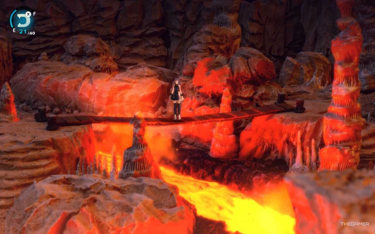 Cheryl standing on a wooden bridge over a lava river in fantasian neo dimension.