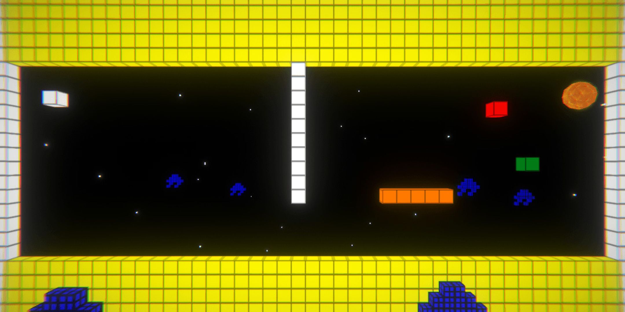 Ping Redux screenshot of a level with you at one side and various blocks on the other side.