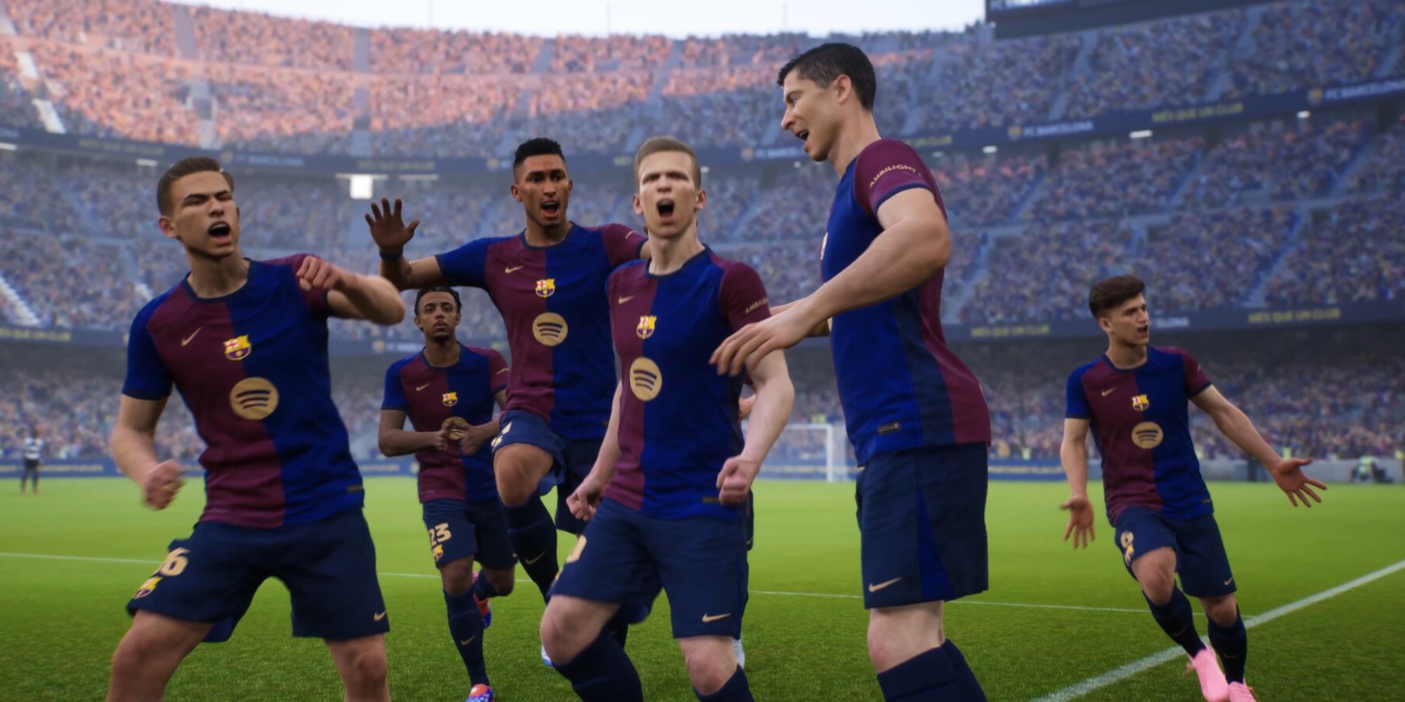 eFootball screenshot of Barcelona wearing their 2024/2025 kit while celebrating a goal.