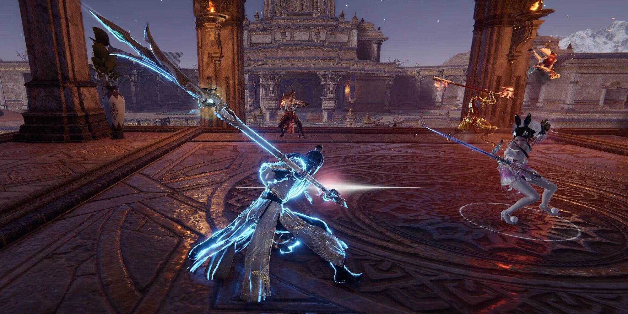 Naraka Bladepoint Team Melee combat in a large covered square.