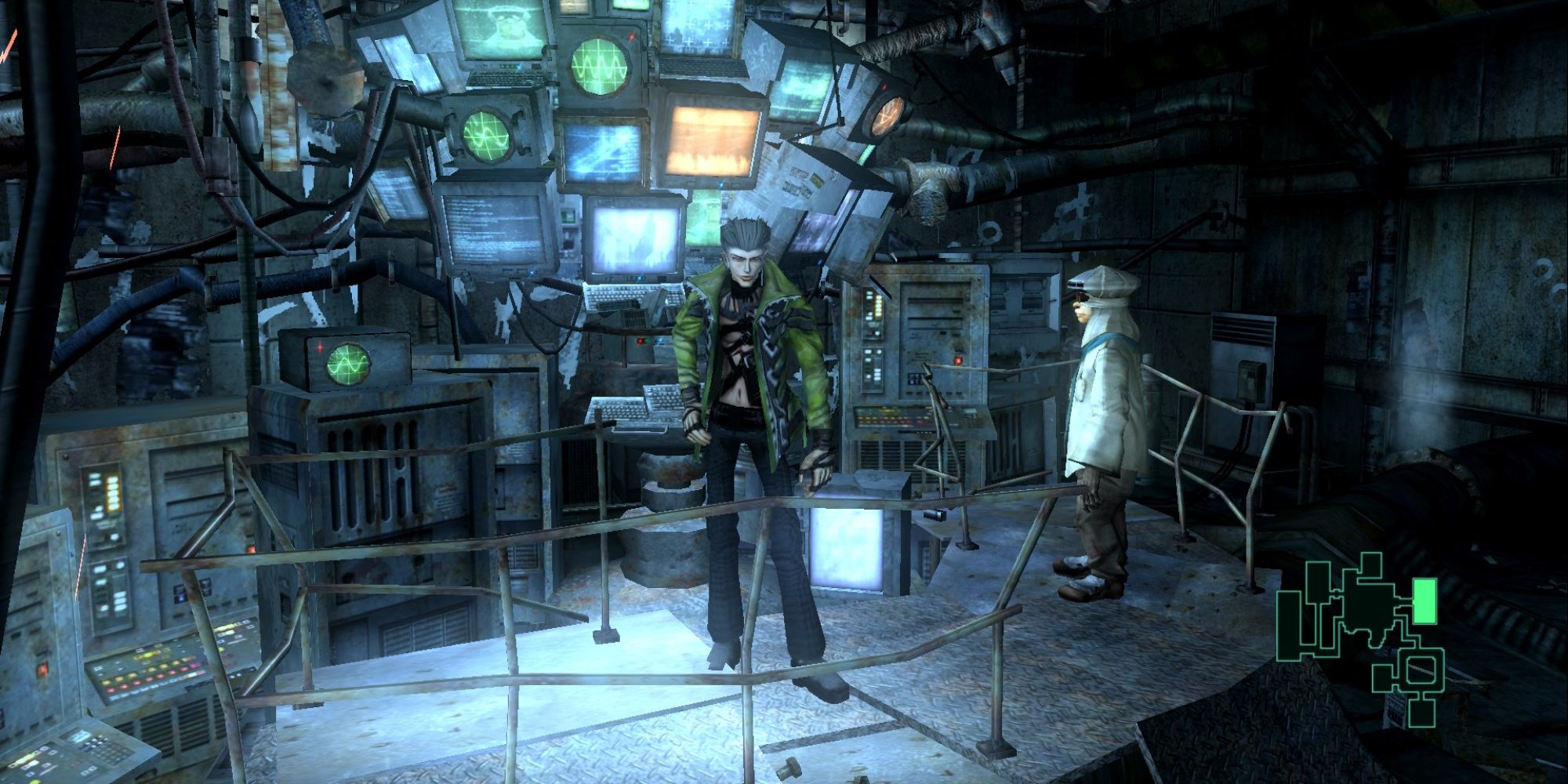 Phantom Dust screenshot of the protagonist standing in front of screens.