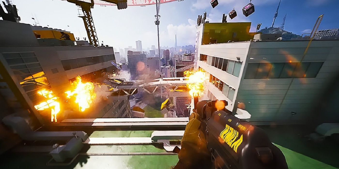 The Finals screenshot of a bridge between two skyscrapers exploding.