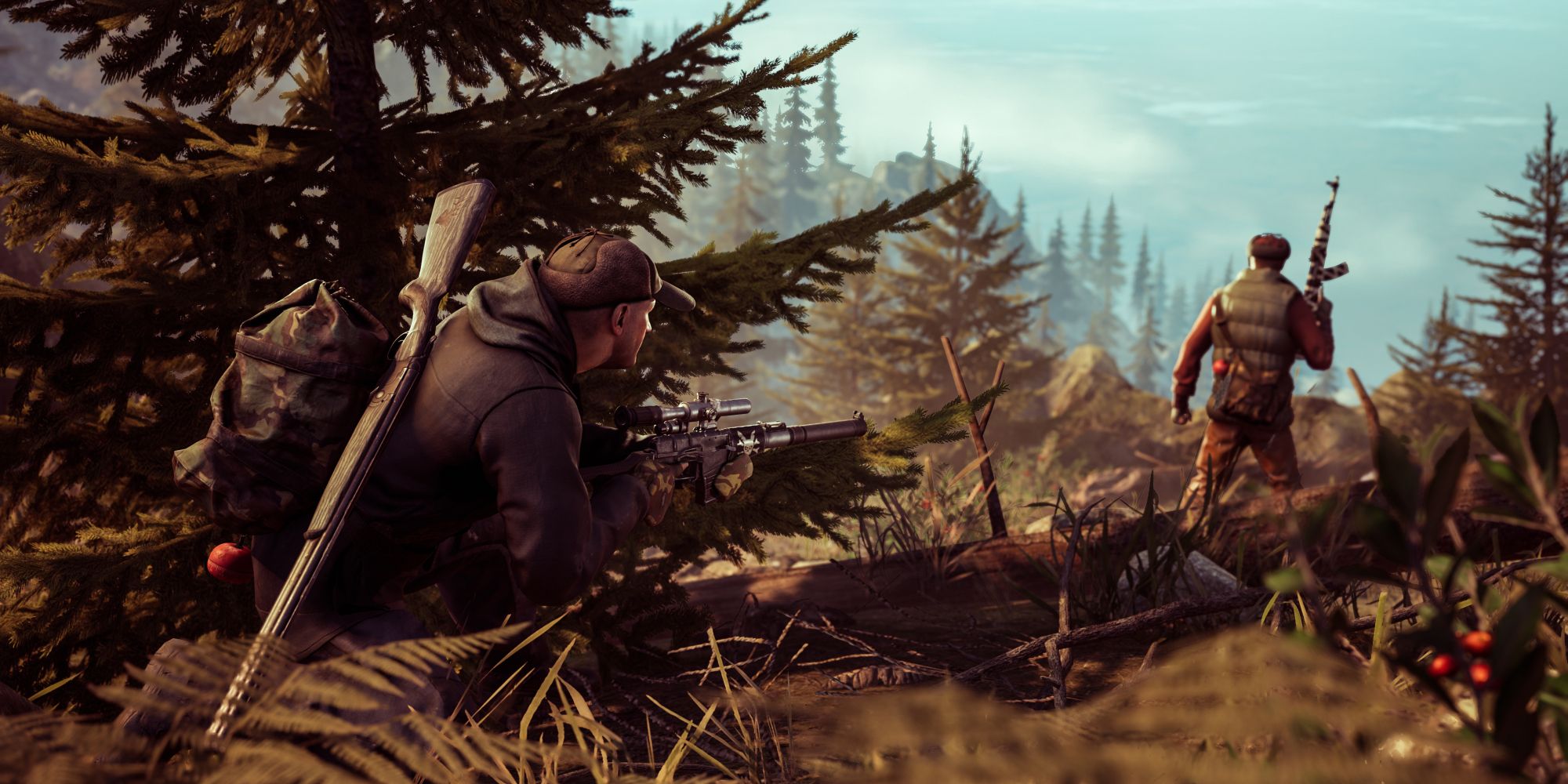 Vigor screenshot of one player with rifle sneaking up to another.