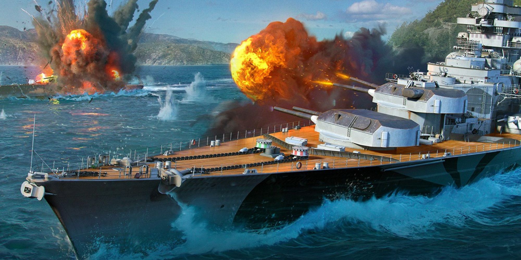 A ship blows up its target from across the ocean in World of Warships Legends.