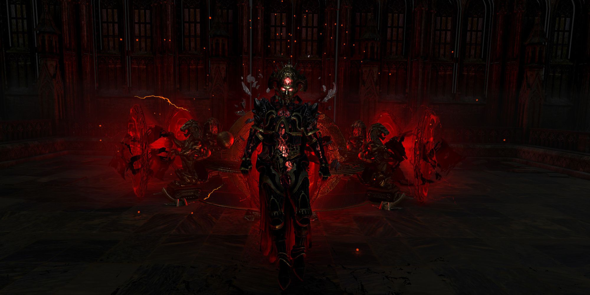 Path Of Exile Screenshot Of Monster In Armor Glowing With Creatures Behind Him Also Glowing.