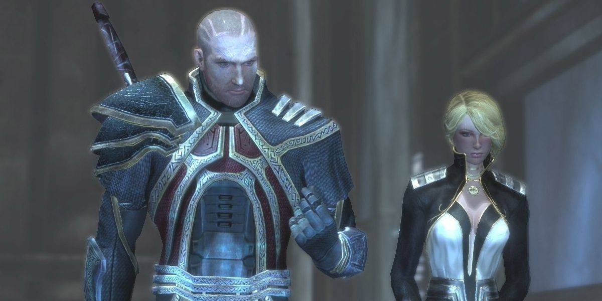 Too Human screenshot of a man and a woman walking and talking together.