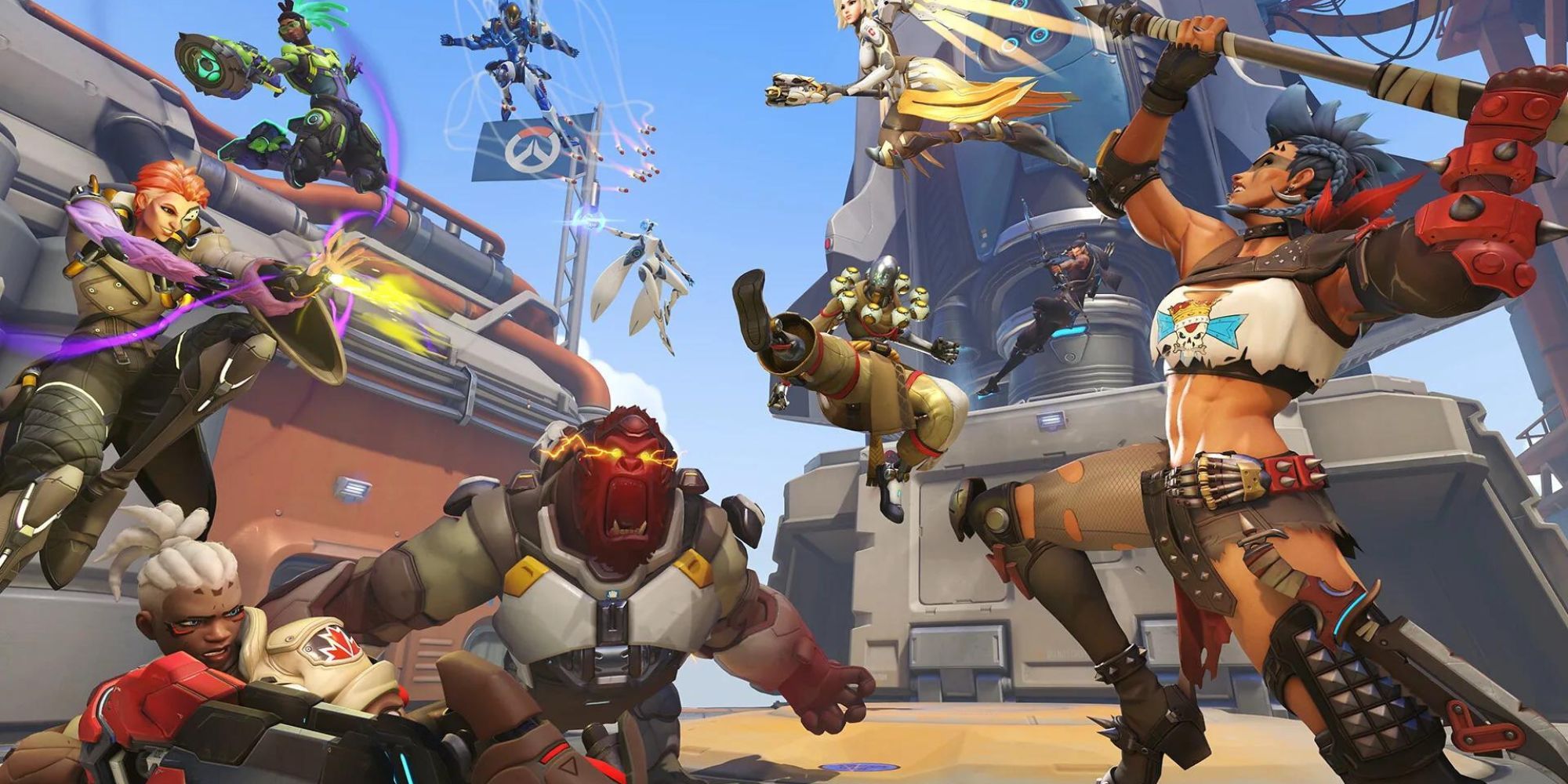 Winston, Moira, Sojourn, and Lucio fight Mercy, Junker Queen, and Zenyatta.