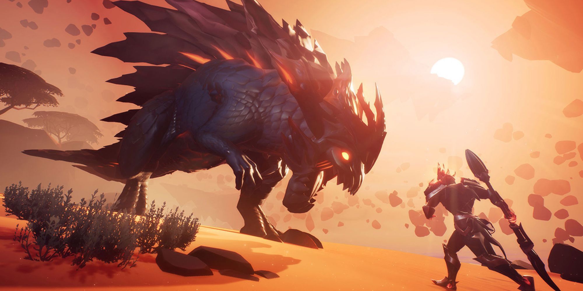 A warrior charges toward a Hellion in a giant desert in Dauntless.