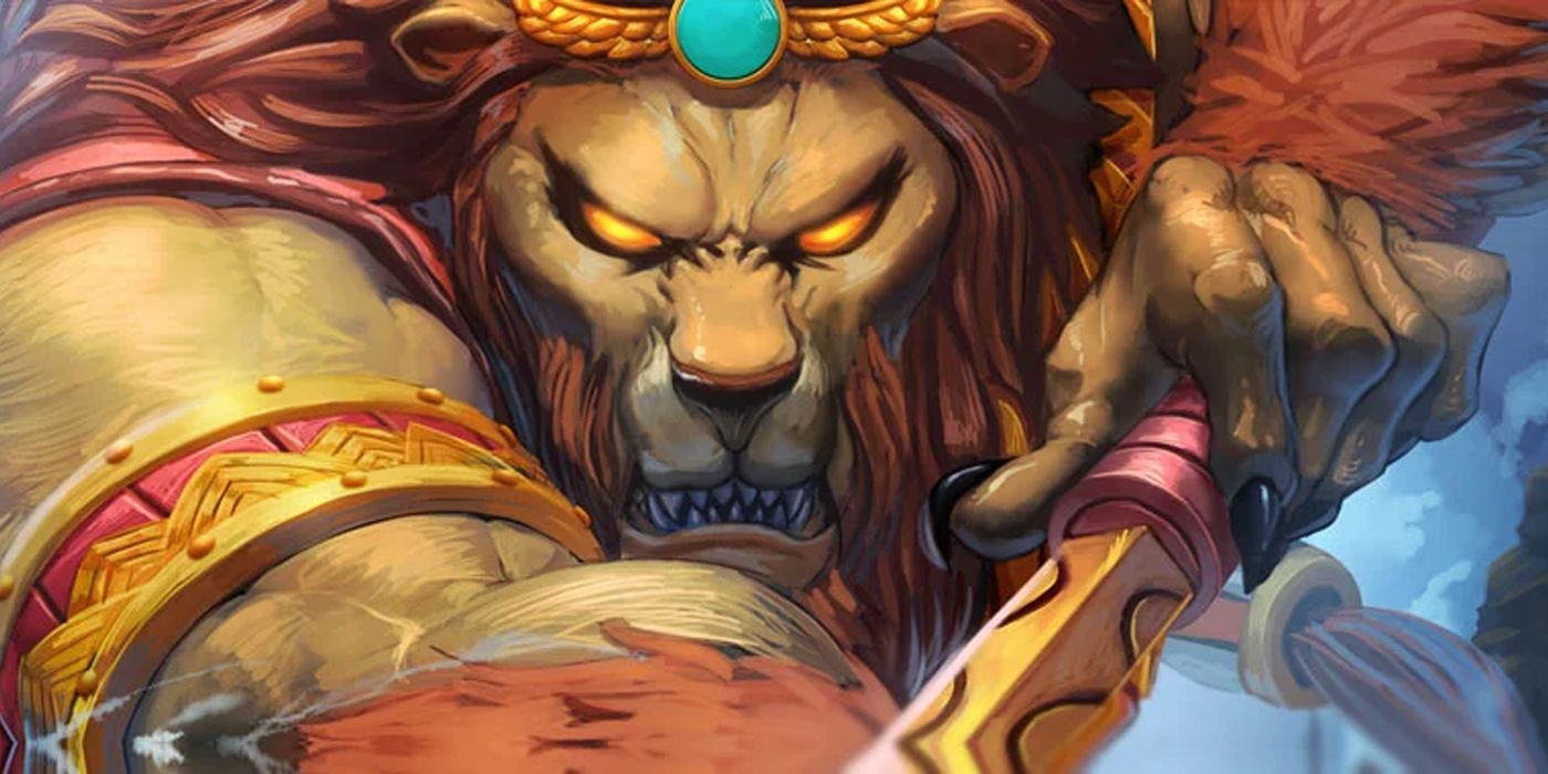 Smite screenshot of Lion creature with yellow eyes with a weapon.