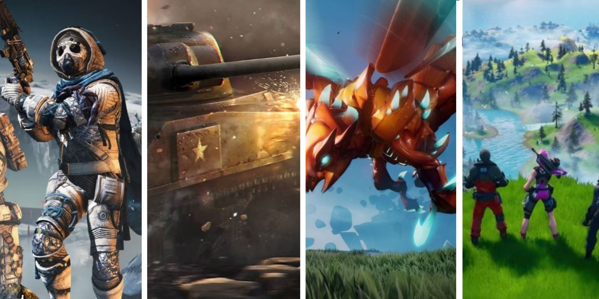 Split image of Destiny, World of Tanks, a Dragon, and Fortnite