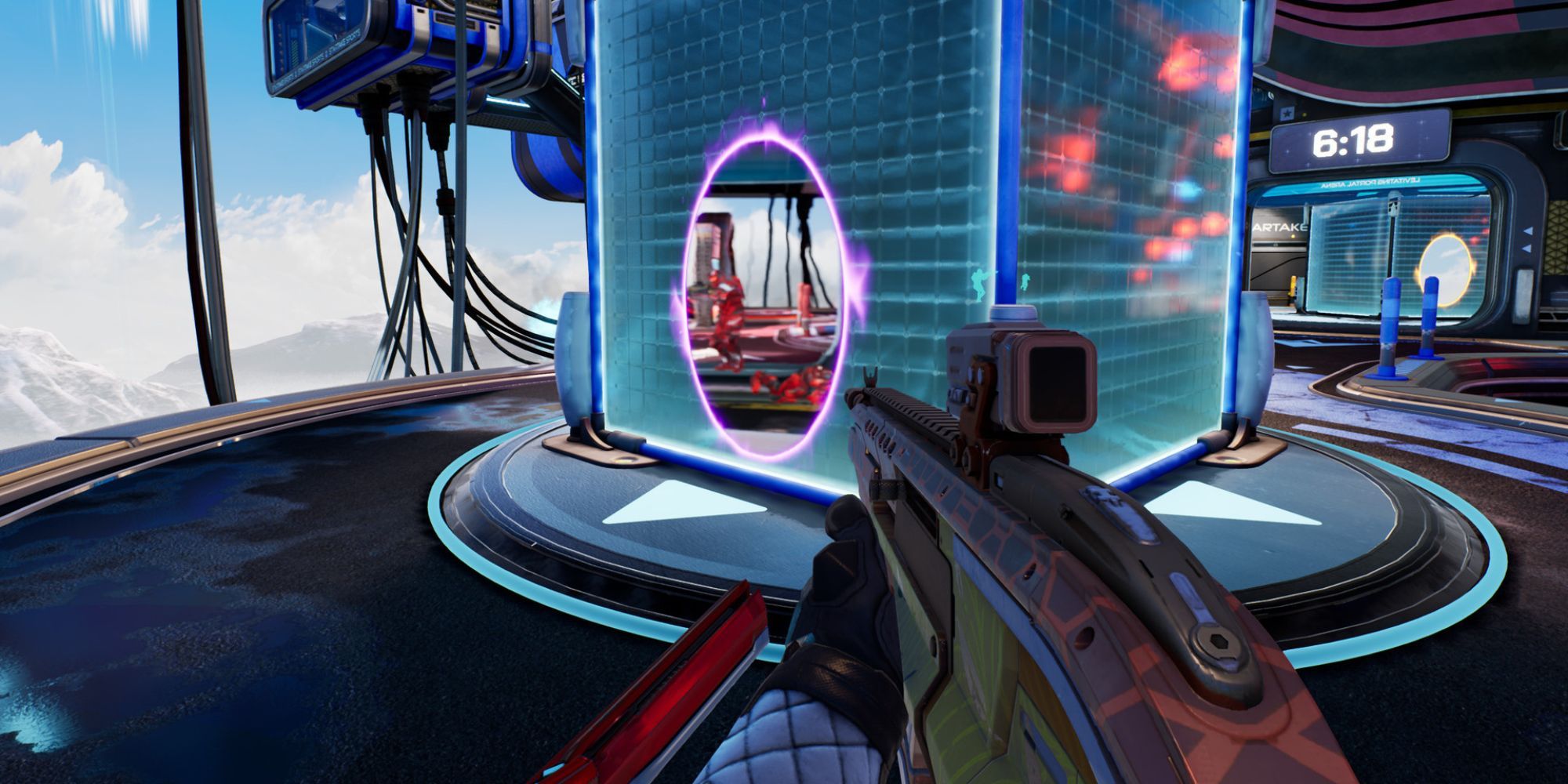 A player peeks into an enemy area using a portal in Splitgate.