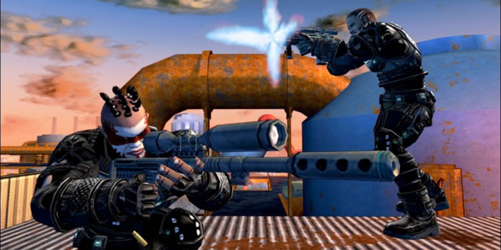 Crackdown screenshot of two characters shooting in both directions.