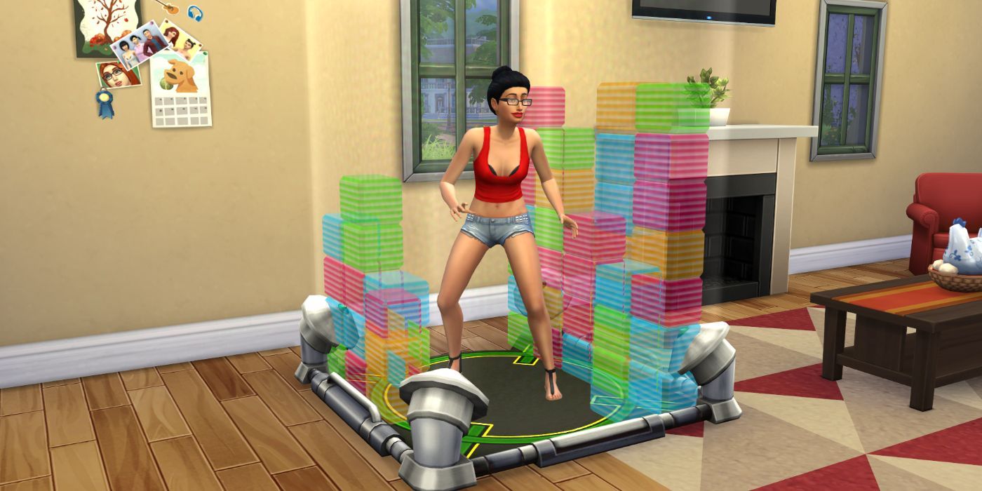 Sims 4 screenshot of Sim playing virtual game.