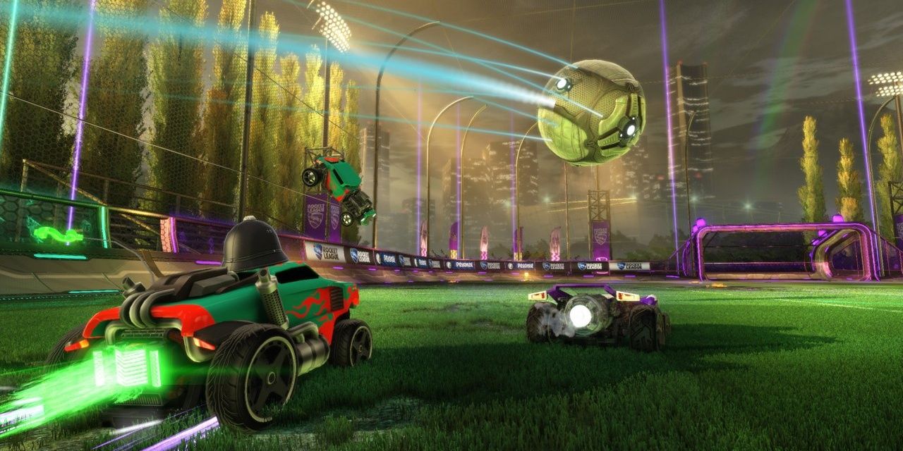 A screenshot of vehicles of driving around in Rocket League.