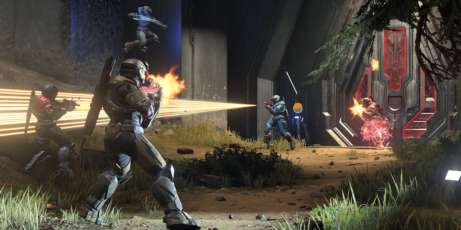 A screenshot showing a firefight between opposing teams in Halo Infinite.