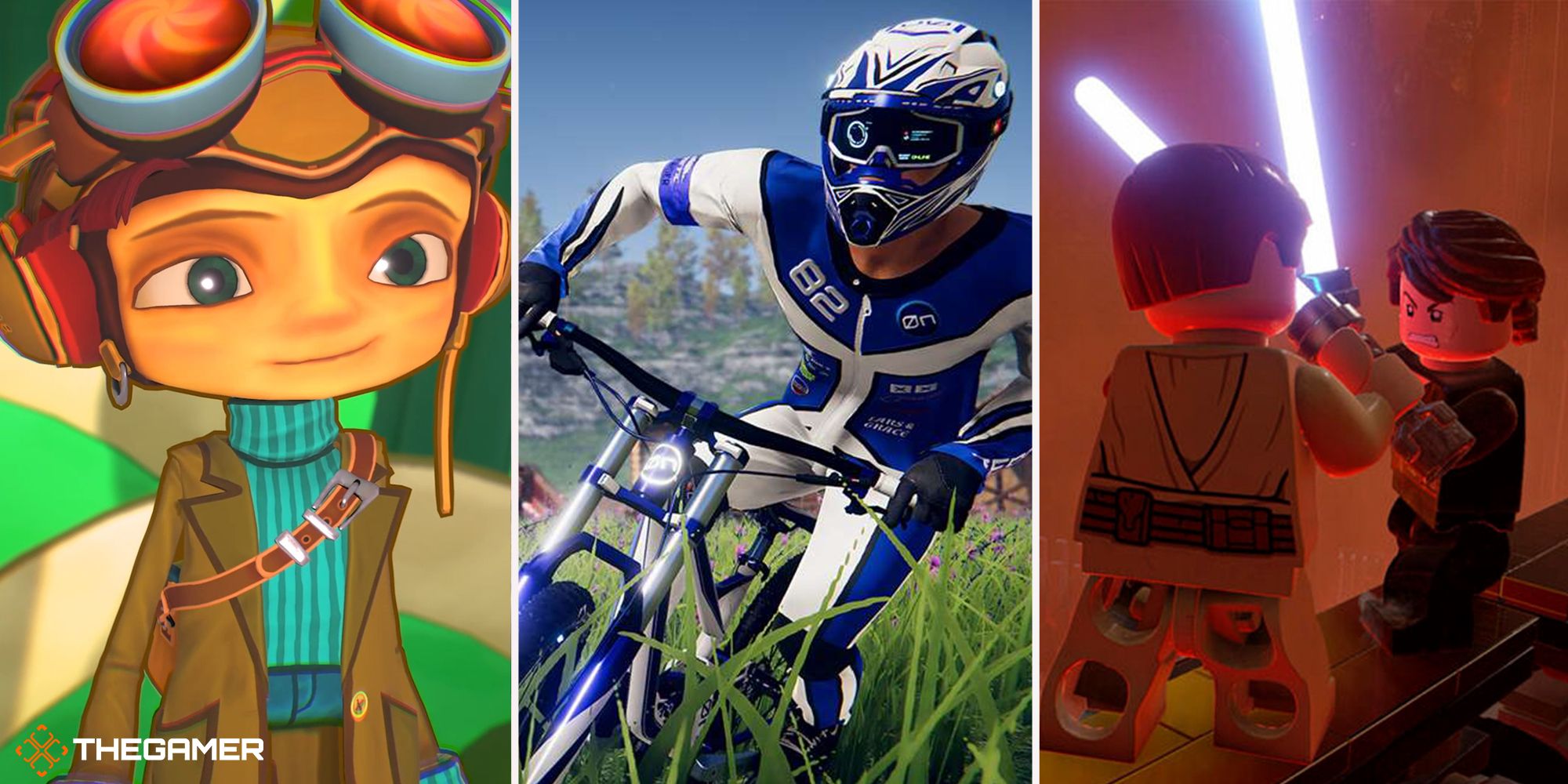 psychonauts 2 (raz) on left, descenders biker in centre, LEGO Star Wars The Skywalker Saga (anakin and obi-wan) on right