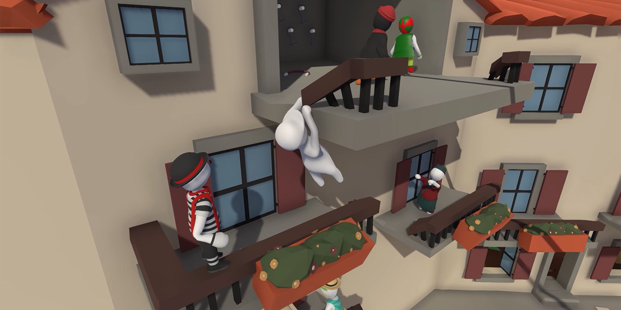 A human grabbing onto a ledge of a balcony in Human Fall Flat.