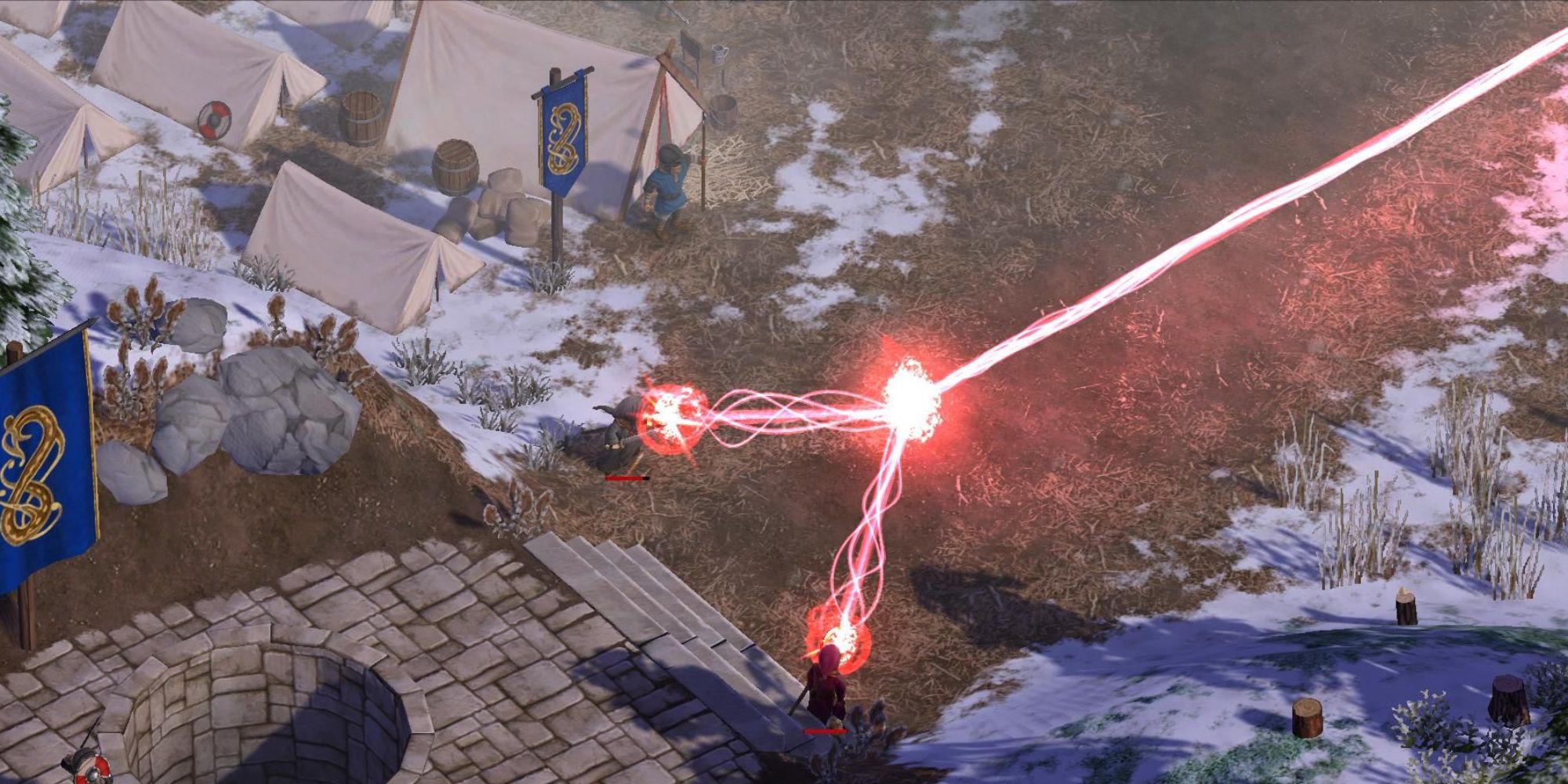 Magicka screenshot of two players combining their beams.