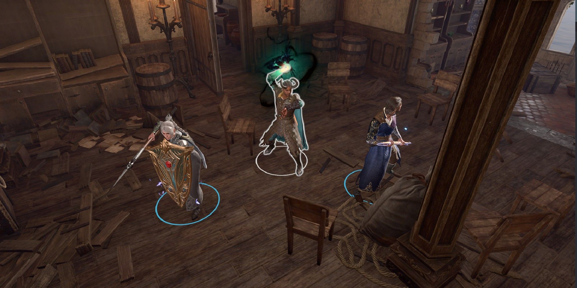 Baldur's Gate 3 image showing Shadowheart, Wyll casting Eldritch Blast, and Gale.