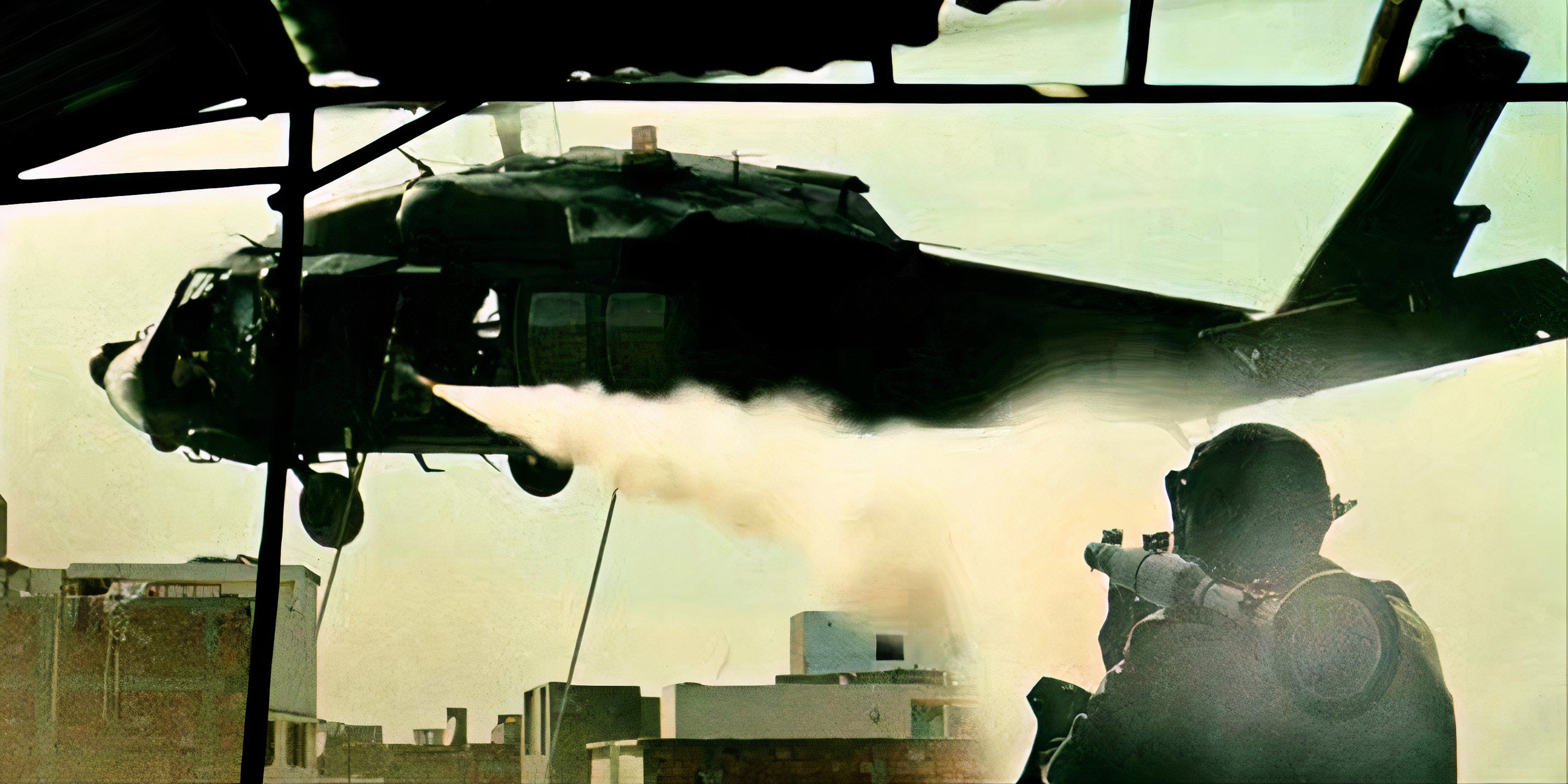 An enemy launching a rocket at a helicopter in Black Hawk Down.