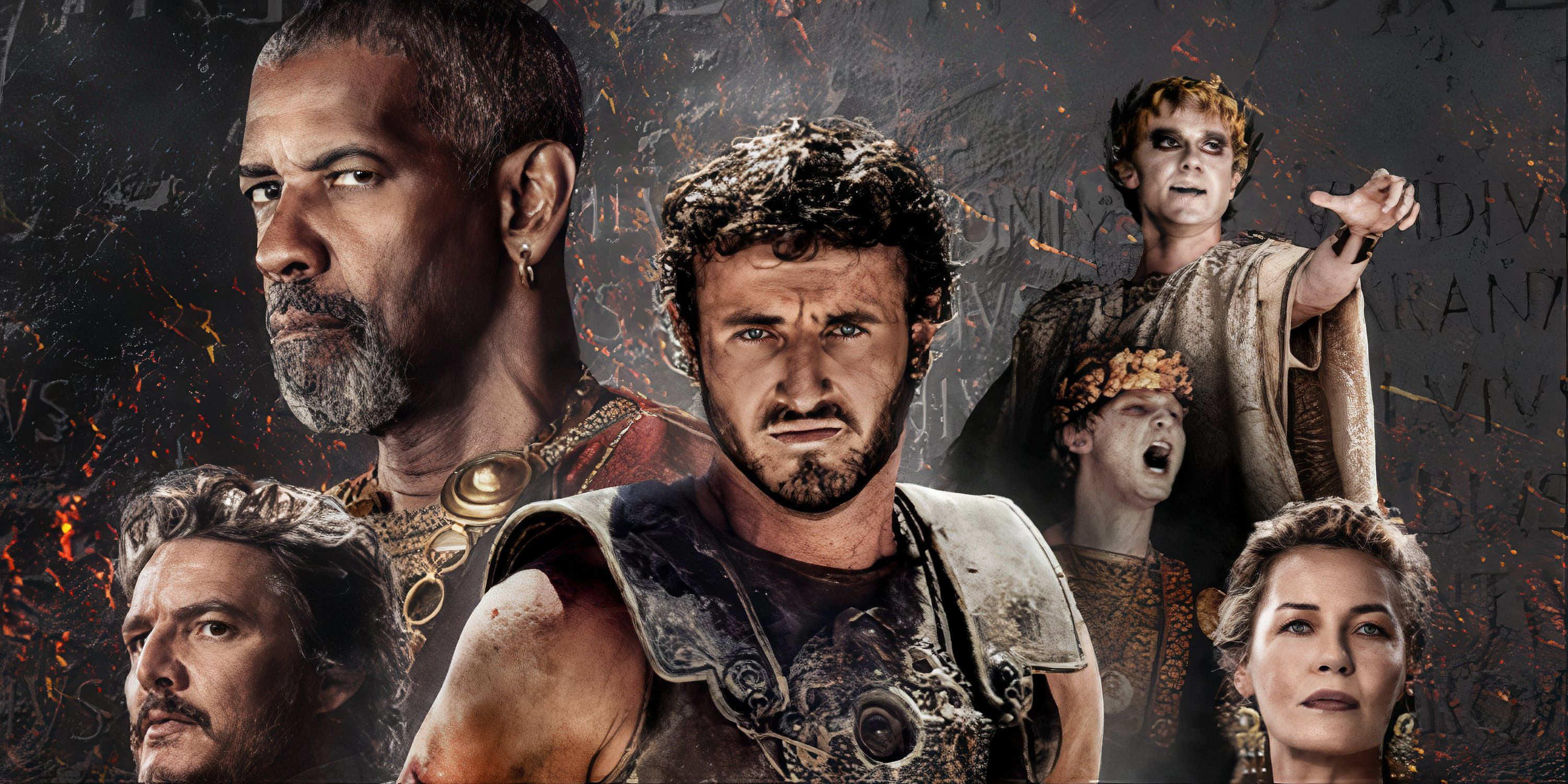 Gladiator 2 poster with all the main characters from Lucius to Macrinus, Pedro Pascal, Connie Nielsen, and the Emperors.