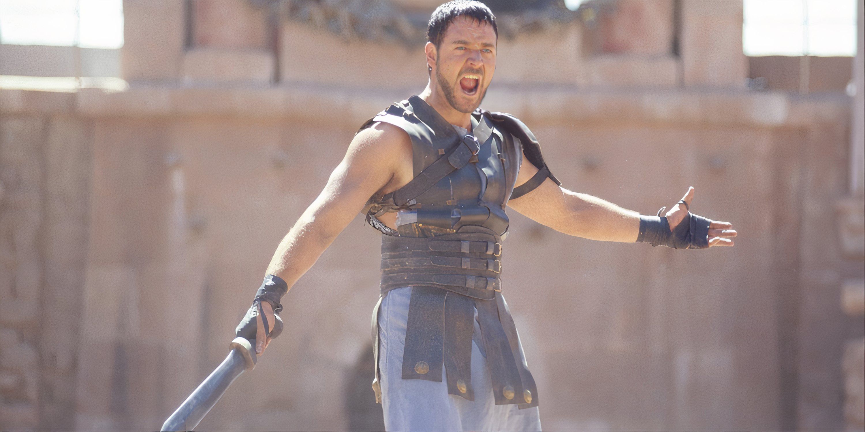 Russell Crowe as his character Maximus in the arena shouting his signature line, 'Are you not entertained.'