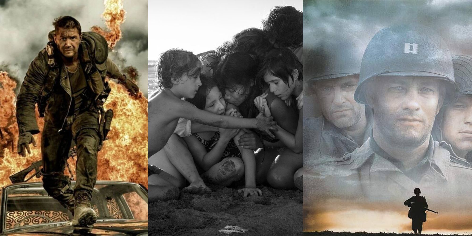 Split Image of Mad Max Fury Road, Roma, and Saving Private Ryan