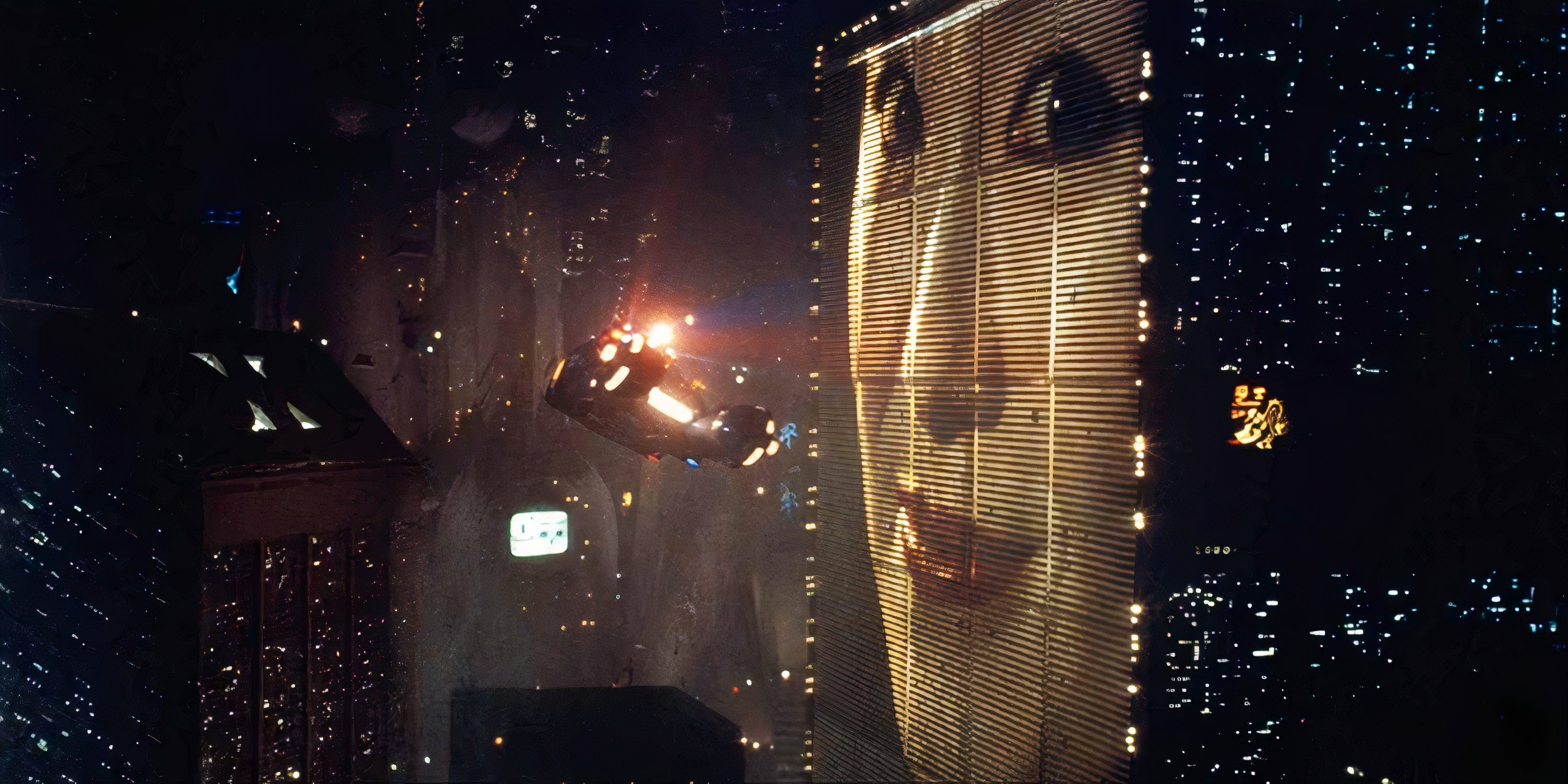 A flying vehicle over a giant digitized billboard advertisement in the iconic shot from Blade Runner.