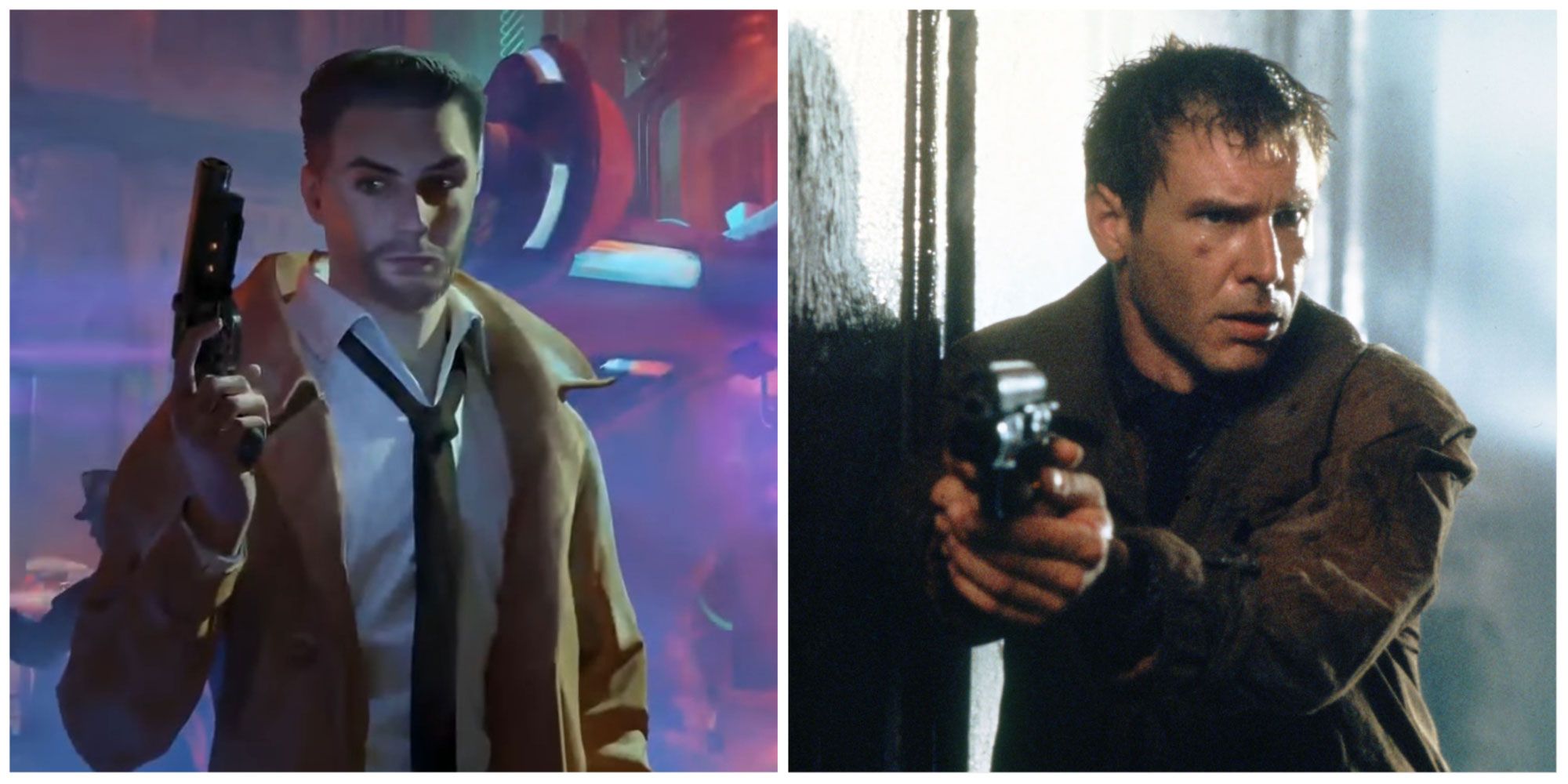 A collage showing Ray McCoy from Blade Runner: Enhanced Edition and Rick Deckard in the 1982 movie