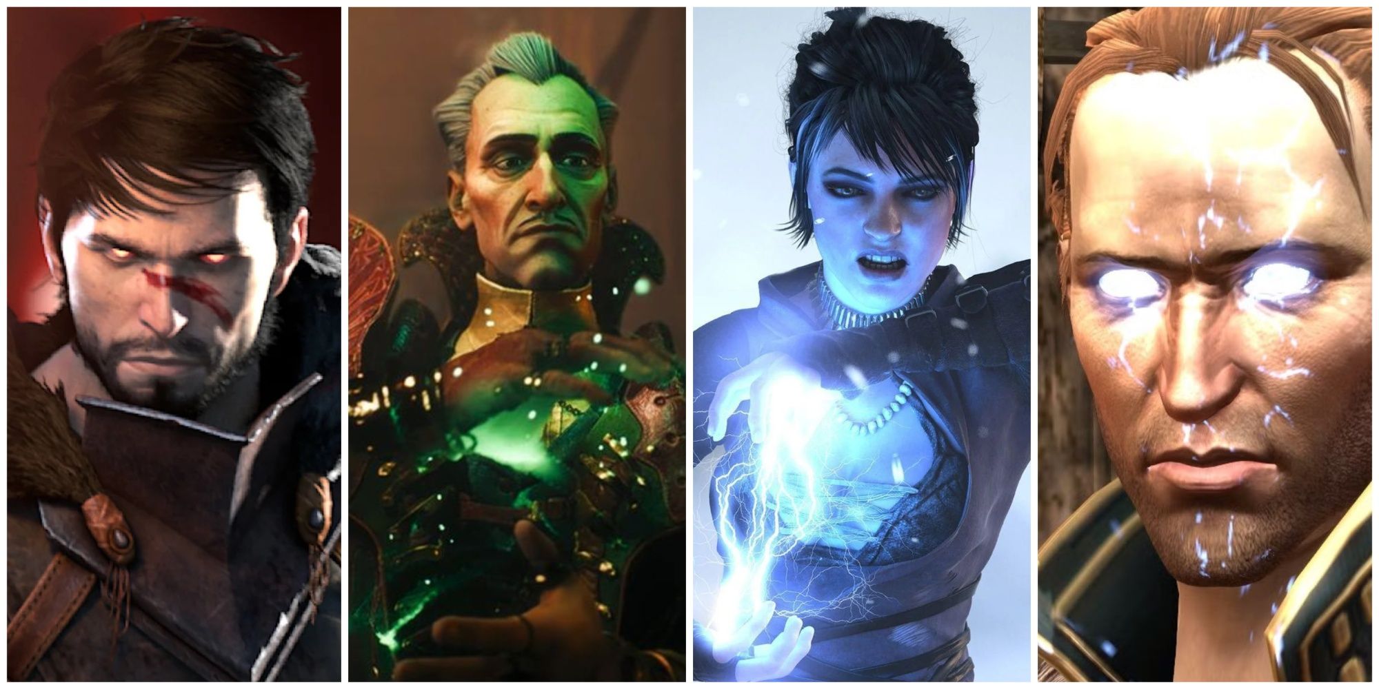 An image of the mages Emmrich, Morrigan and Anders from the Dragon Age series as well as a mage version of Hawke from Dragon Age 2