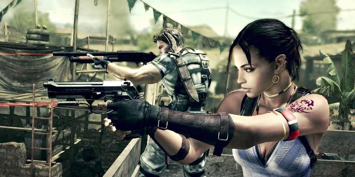 Chris Redfield and Sheva Alomar firing zombies in Resident Evil 5.