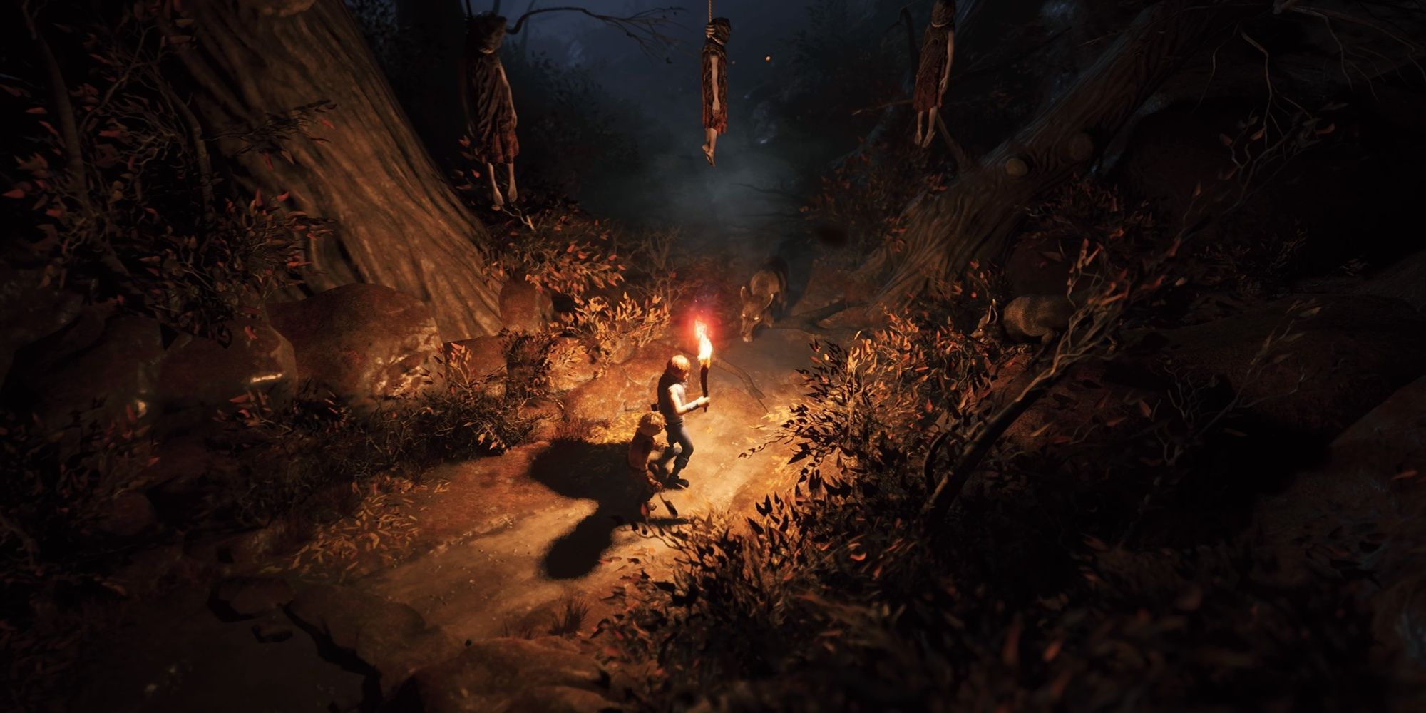 Naia and Naiee face down a wolf in a dark forest in Brothers A Tale of Two Sons Remake.